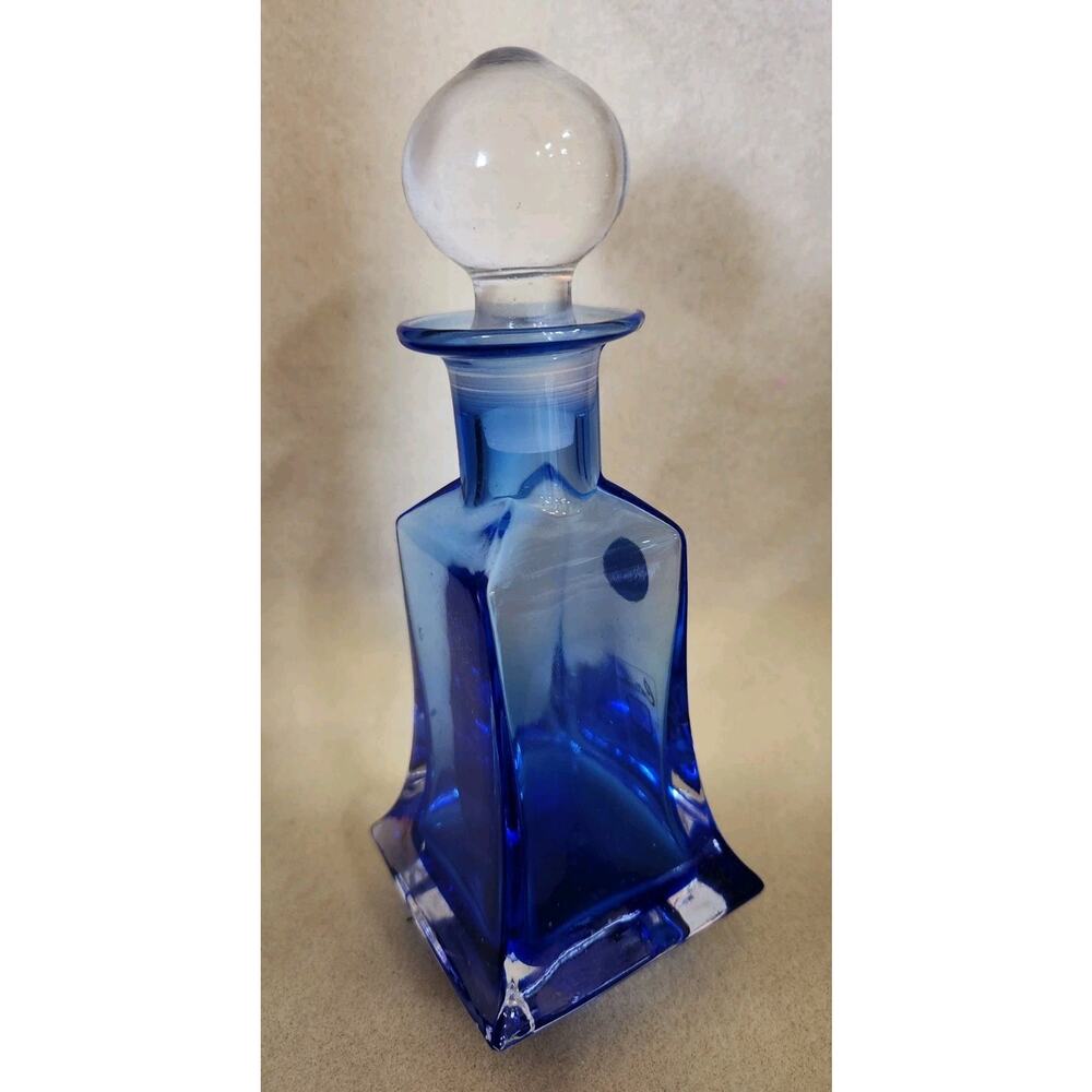Vintage Cobalt Blue Cristallo Glass Line Perfume Bottle Made In Italy